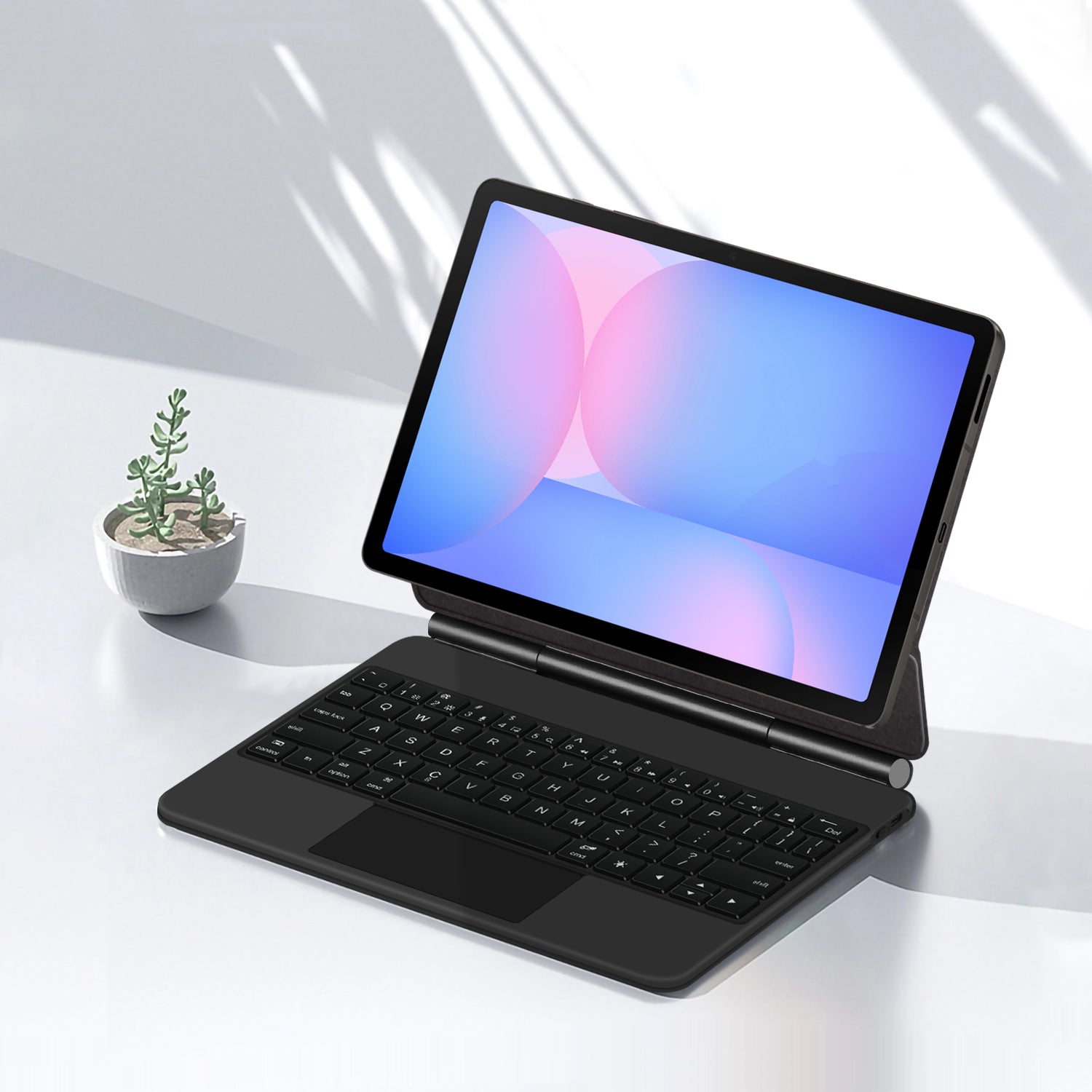 Magnetic Floating Galaxy Tab S10 FE Keyboard Case Precision Trackpad Watching News