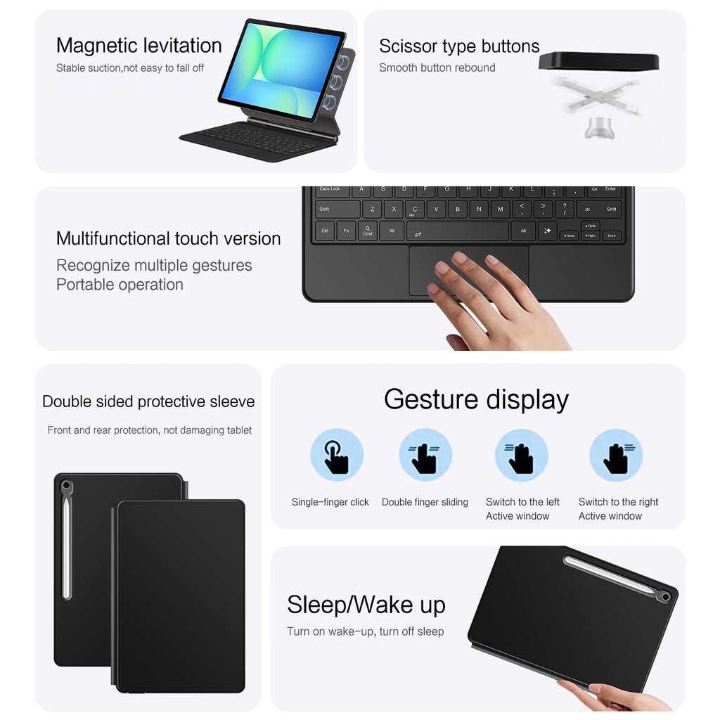 Magnetic Floating Galaxy Tab S10 FE Plus Keyboard Case Precision Trackpad Gesture Display