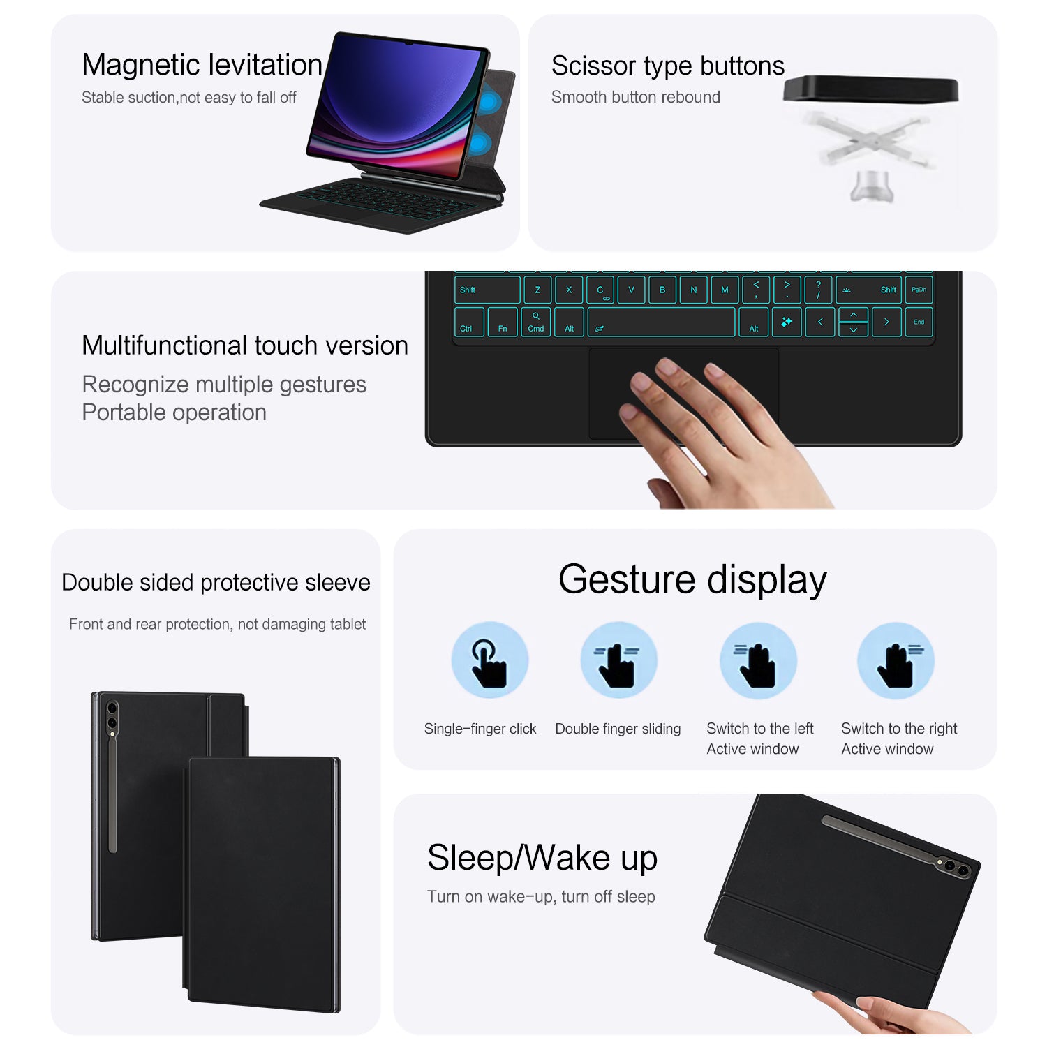 Magnetic Floating Galaxy Tab S9 FE Keyboard Case Precision Trackpad Double Slided Protection