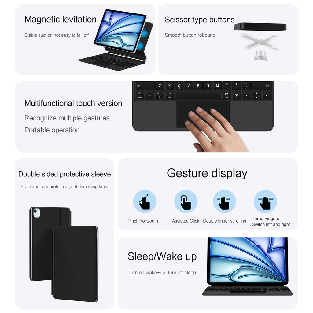 Magnetic Floating iPad Air 8 13-inch Keyboard Case Precision Trackpad Gesture Display
