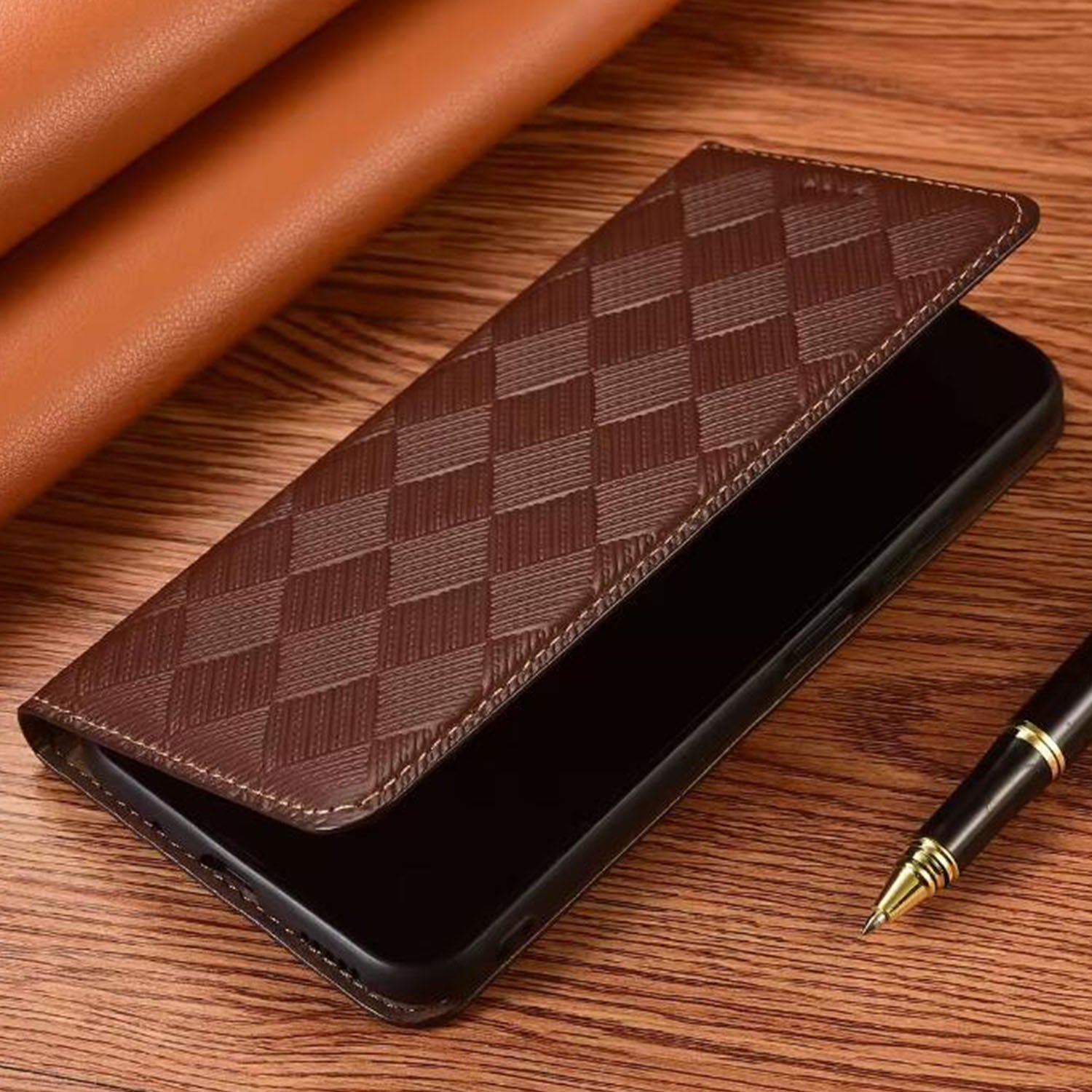 premium-flip-wallet-woven-iphone-17e-genuine-leather-case-4