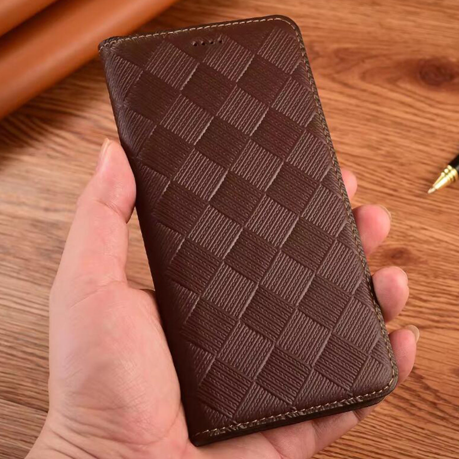 premium-flip-wallet-woven-iphone-17e-genuine-leather-case-5