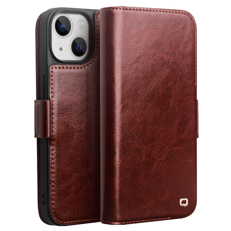 QIALION Buckle Stand Real Leather iPhone 14 Wallet Case