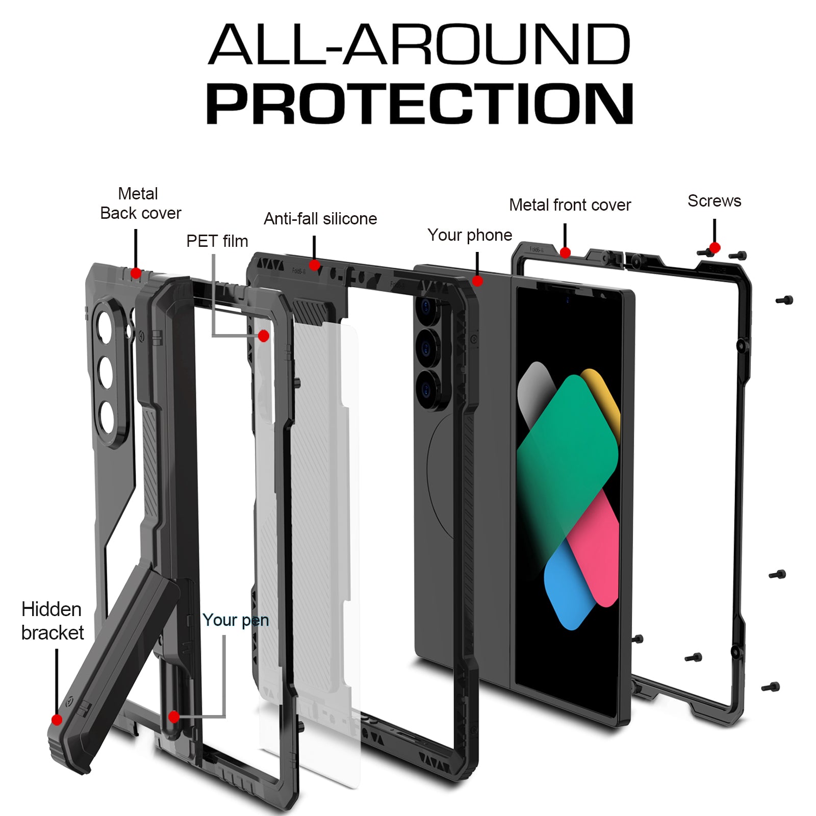 Samsung Galaxy Z Fold6 Case Metal Shield Triple Lens Kickstand