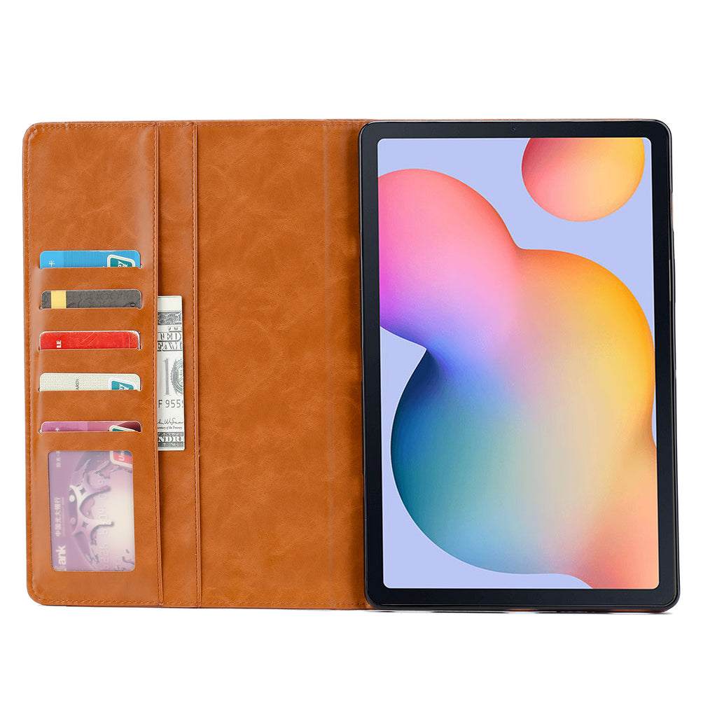 Elevate your Galaxy Tab A8 (10.5-inch, 2022) with our handcrafted leather folio case. Designed for the modern professional, it combines vintage aesthetics with rugged functionality. Shock resistant, leather wallet with 5 card slots, 2 note slots,1 big pocket, magnetic closure and built-in pencil slot.