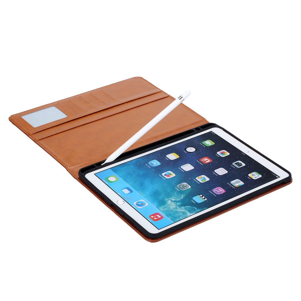 Elevate your iPad 5th Gen (9.7-inch, 2017) with our handcrafted leather folio case. Designed for the modern professional, it combines vintage aesthetics with rugged functionality. Shock resistant, leather wallet with 5 card slots, 2 note slots,1 big pocket, magnetic closure and built-in pencil slot