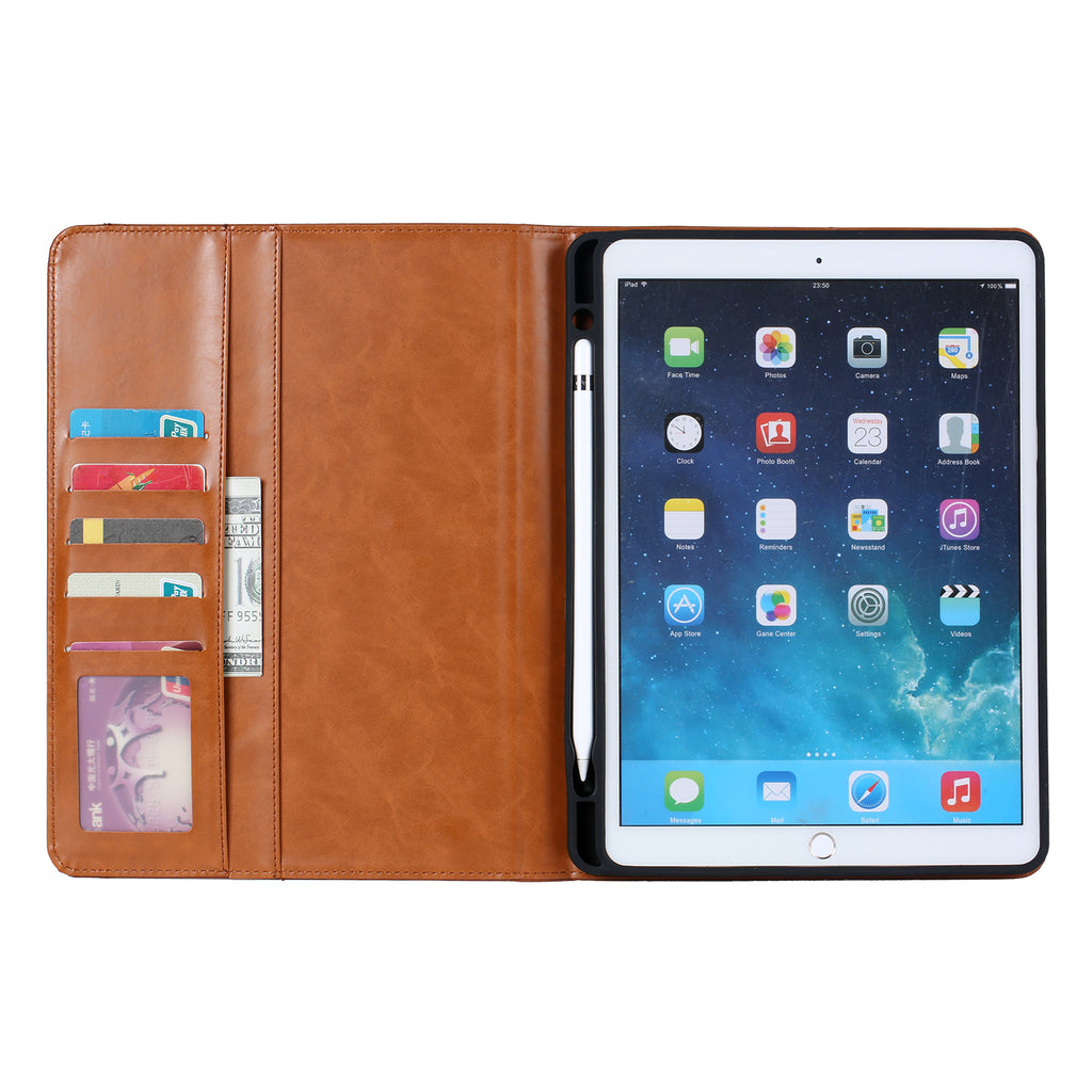 Elevate your iPad 6th Gen (9.7-inch, 2018) with our handcrafted leather folio case. Designed for the modern professional, it combines vintage aesthetics with rugged functionality. Shock resistant, leather wallet with 5 card slots, 2 note slots,1 big pocket, magnetic closure and built-in pencil slot