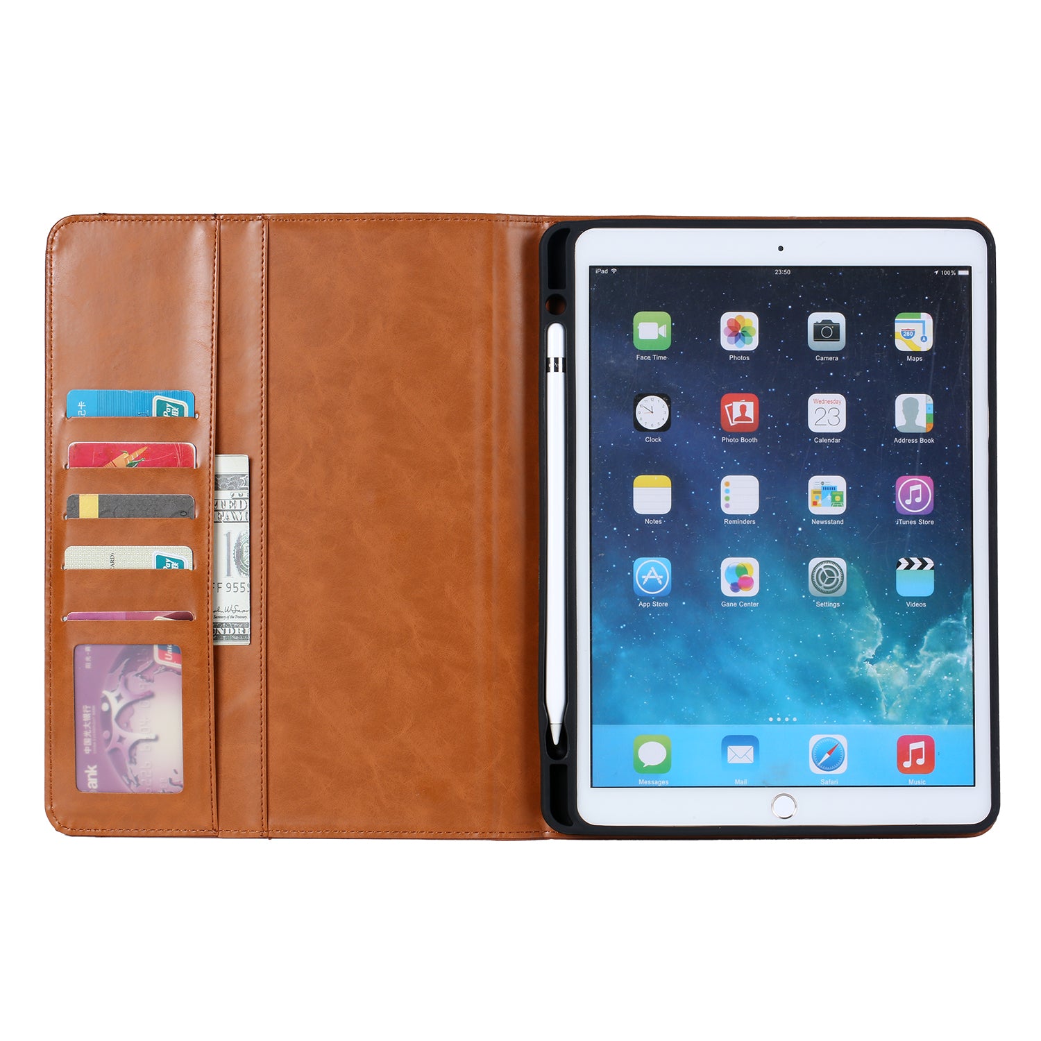 Elevate your iPad 6th Gen (9.7-inch, 2018) with our handcrafted leather folio case. Designed for the modern professional, it combines vintage aesthetics with rugged functionality. Shock resistant, leather wallet with 5 card slots, 2 note slots,1 big pocket, magnetic closure and built-in pencil slot