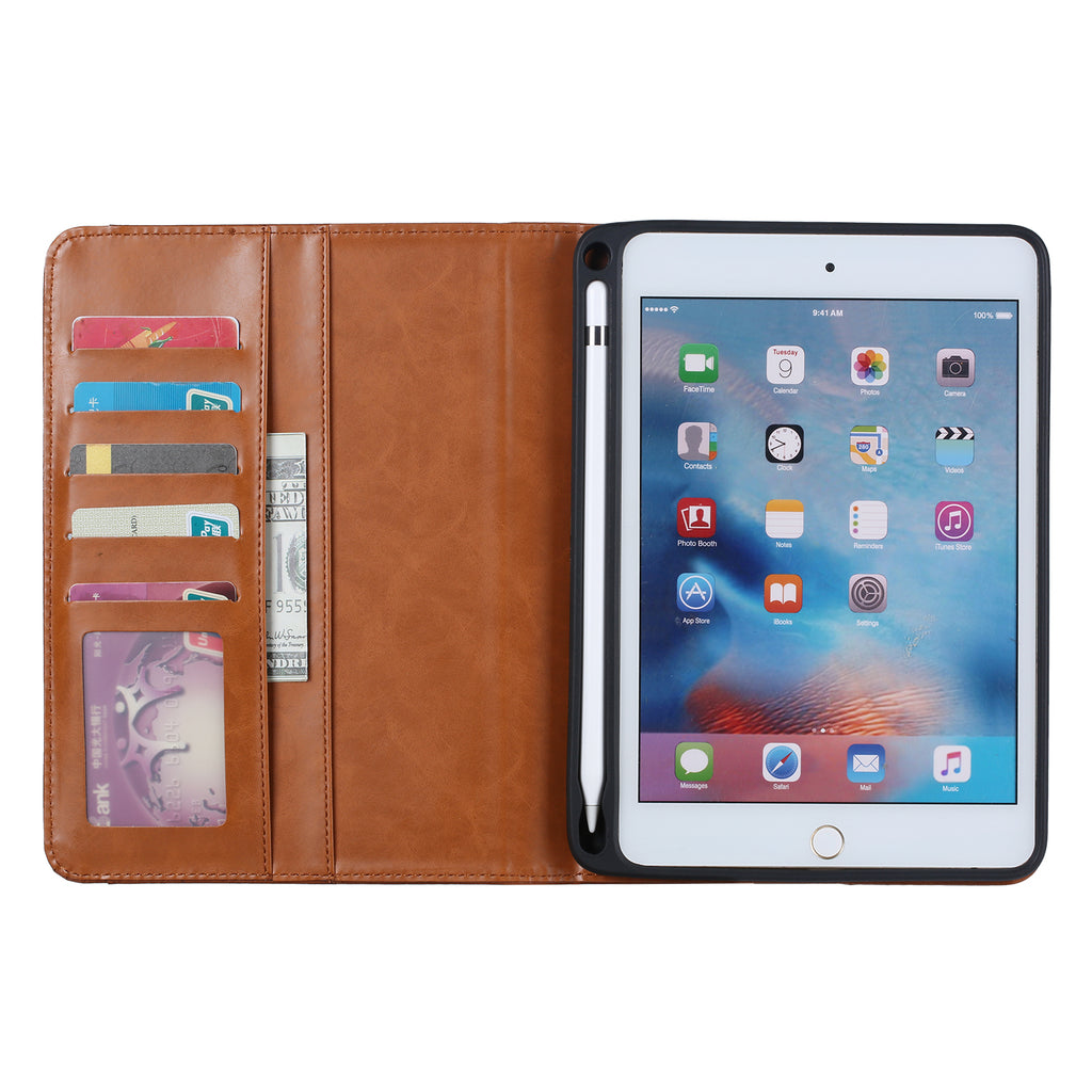 Elevate your iPad Mini 5 (7.9-inch, 2019) with our handcrafted leather folio case. Designed for the modern professional, it combines vintage aesthetics with rugged functionality. Shock resistant, leather wallet with 5 card slots, 2 note slots,1 big pocket, magnetic closure and built-in pencil slot