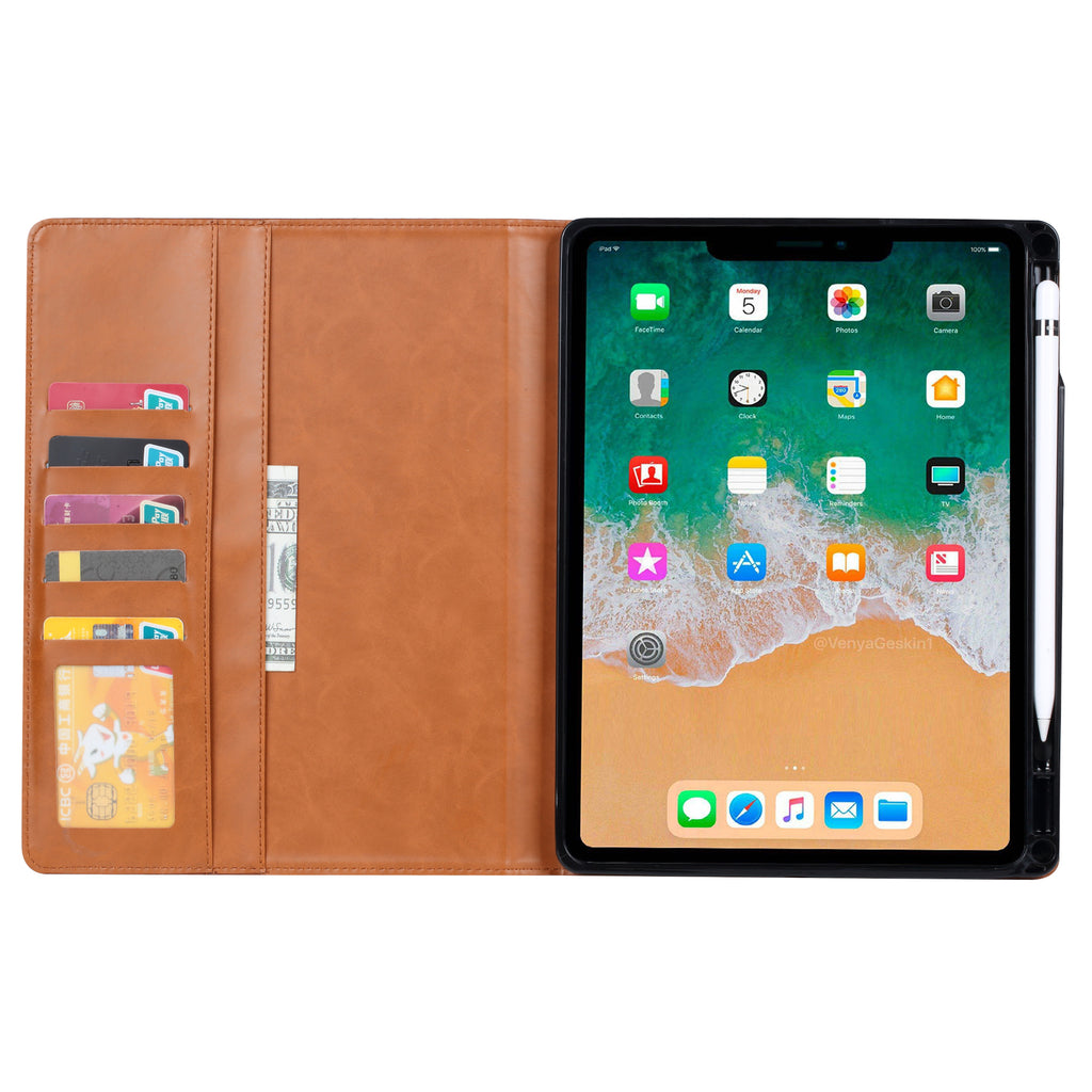 Elevate your iPad Pro 12.9-inch (3rd, 2018) with our handcrafted leather folio case. Designed for the modern professional, it combines vintage aesthetics with rugged functionality. Shock resistant, leather wallet with 5 card slots, 2 note slots,1 big pocket, magnetic closure and built-in pencil slot.