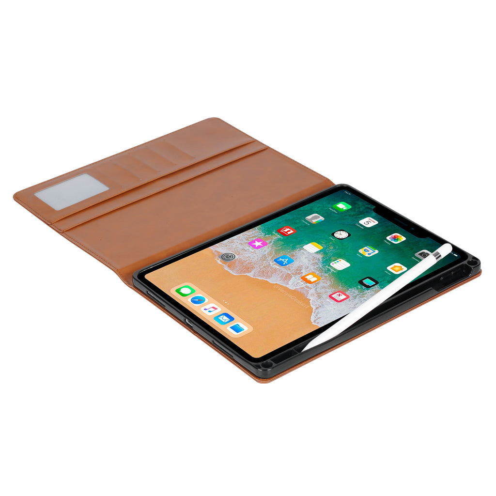 Elevate your iPad Pro 12.9-inch (3rd, 2018) with our handcrafted leather folio case. Designed for the modern professional, it combines vintage aesthetics with rugged functionality. Shock resistant, leather wallet with 5 card slots, 2 note slots,1 big pocket, magnetic closure and built-in pencil slot.