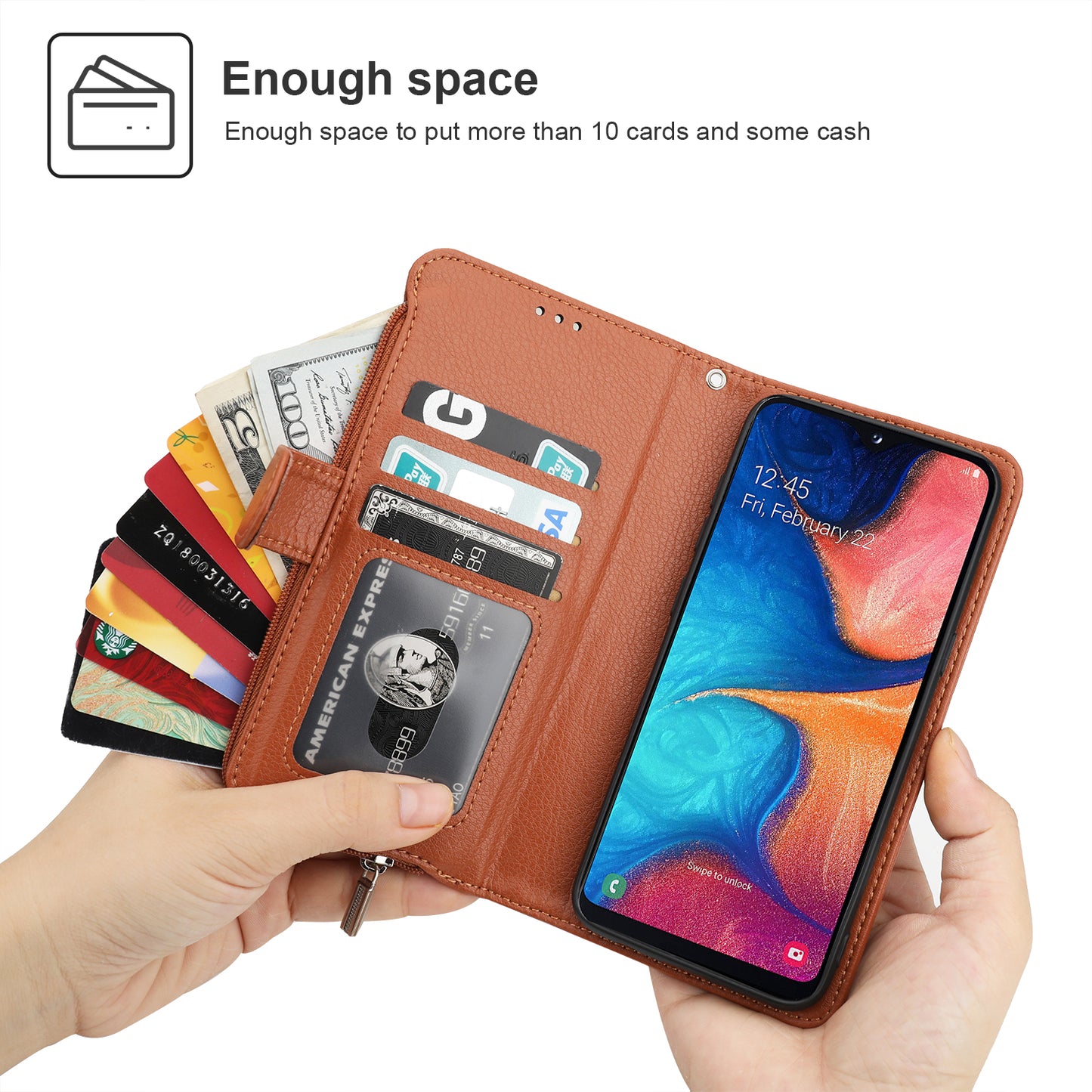 Samsung Galaxy A20e Leather Case Zipper Pouch TPU Fexible Stand Card Slots Magnetic Hand Strap