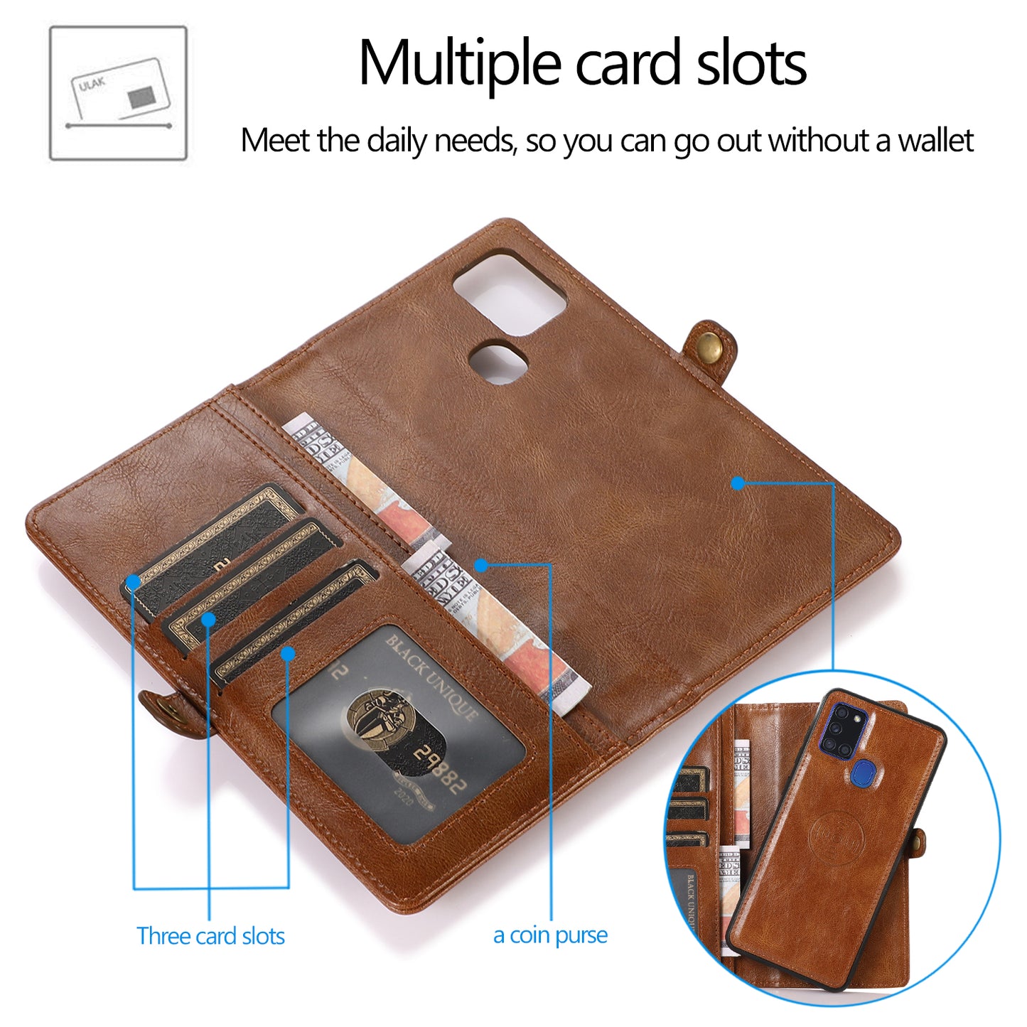 Samsung Galaxy A21s Leather Case Detachable Magnetic Multiple Card Slots Cash Pockets