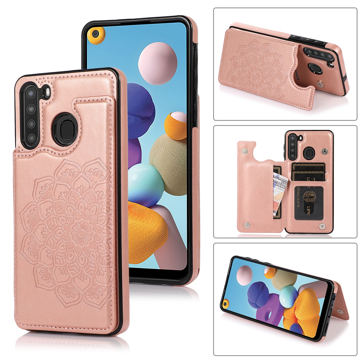 Samsung Galaxy A21 Leather Cover Card Holder Embossing Datura Flower with Double Magnetic Button