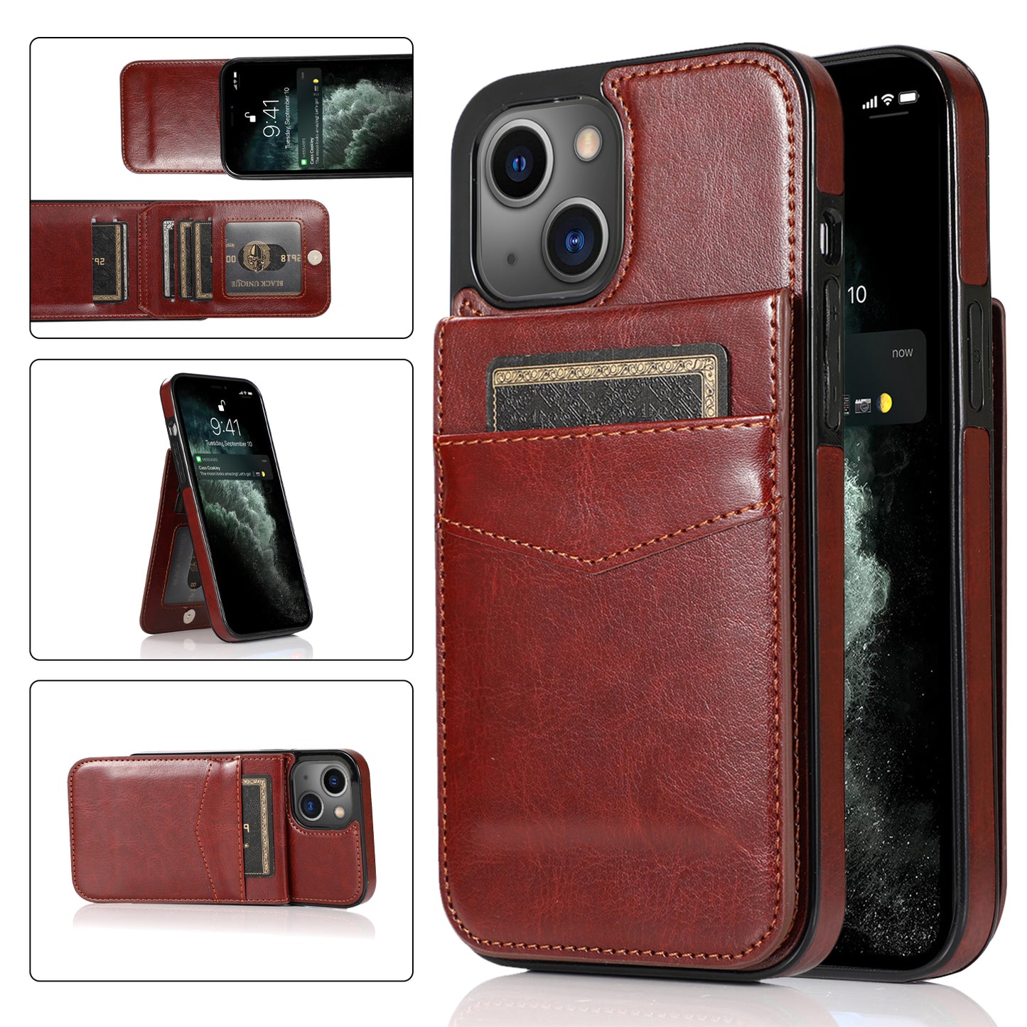 Apple iPhone 13 Leather Cover Vertical Horiznatal Kickstand with Card Slots