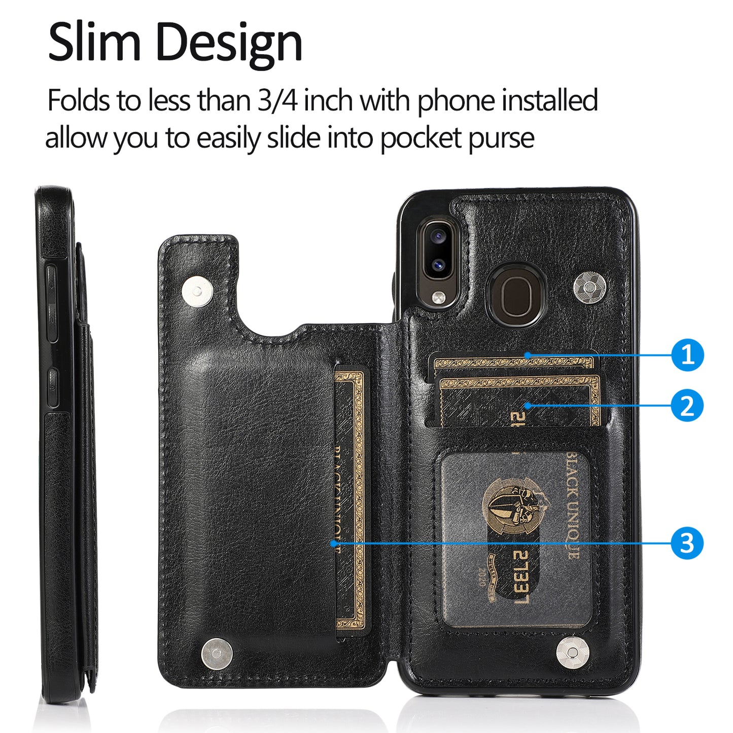 Samsung Galaxy A20 Leather Cover Double Buckles Shock Resistant Multiple Card Slots Magnetic Fold Pocket