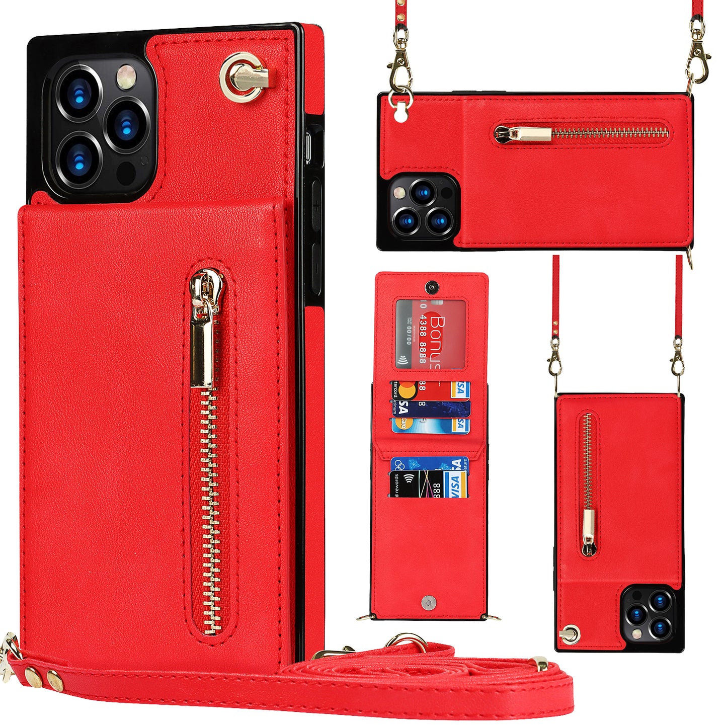 Apple iPhone 12 Pro Leather Cover with Classical Card Cash Slots Zipper Hand Shoulder Strap Kickstand