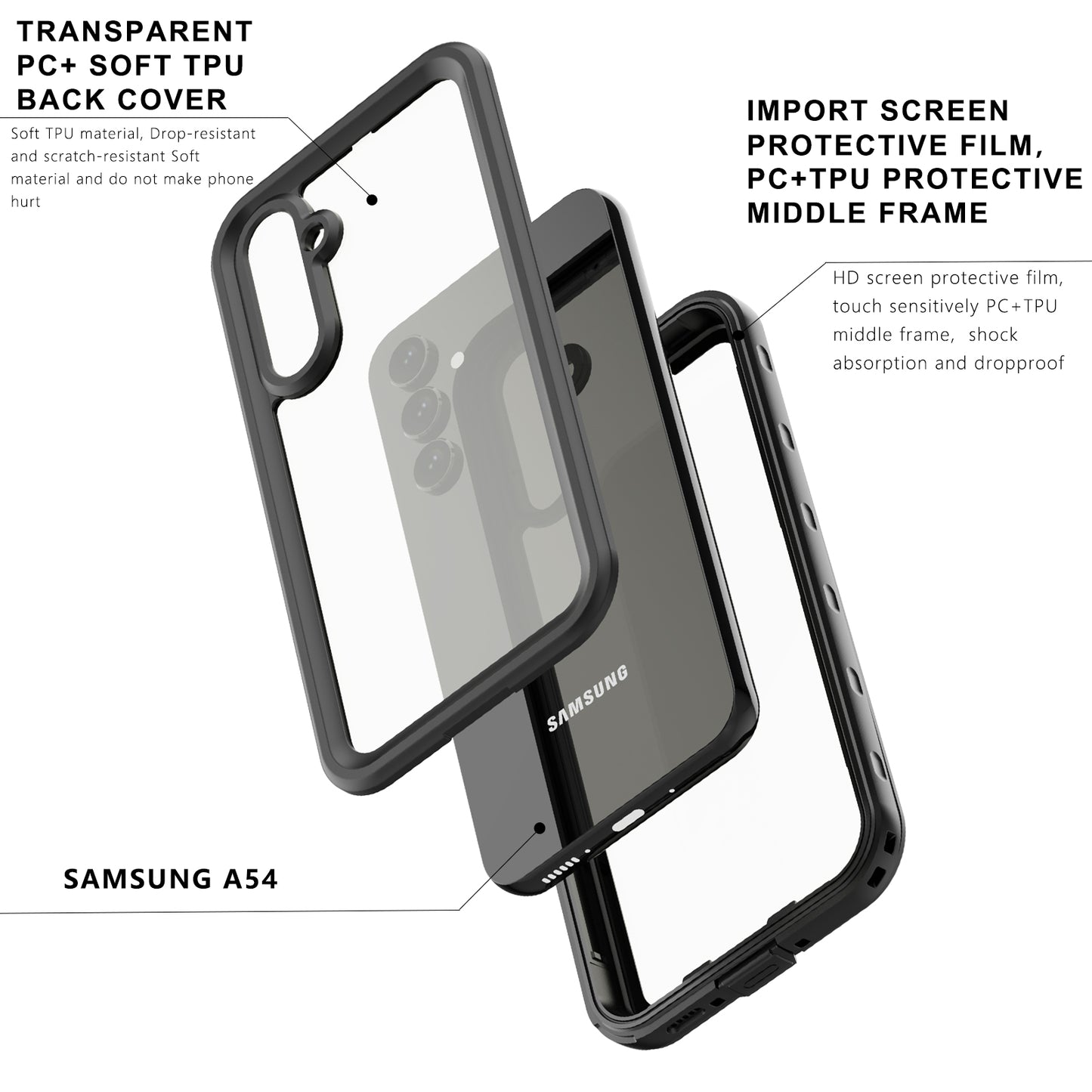 Samsung Galaxy A54 Case Waterproof IP68 Clear Full Protection Built-in Screen Protector