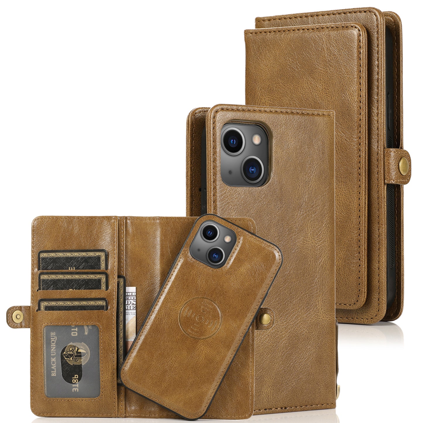 Apple iphone 13 Mini Leather Case Detachable Magnetic Multiple Card Slots Cash Pockets