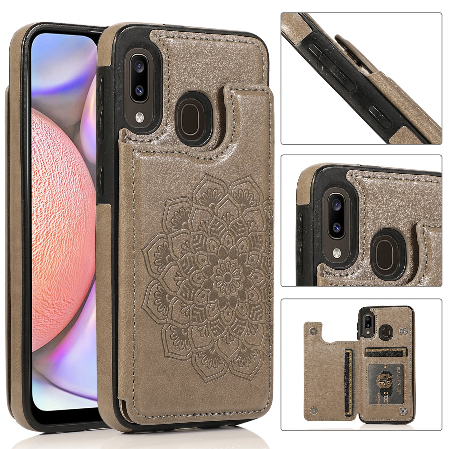 Samsung Galaxy A20e Leather Cover Card Holder Embossing Datura Flower with Double Magnetic Button