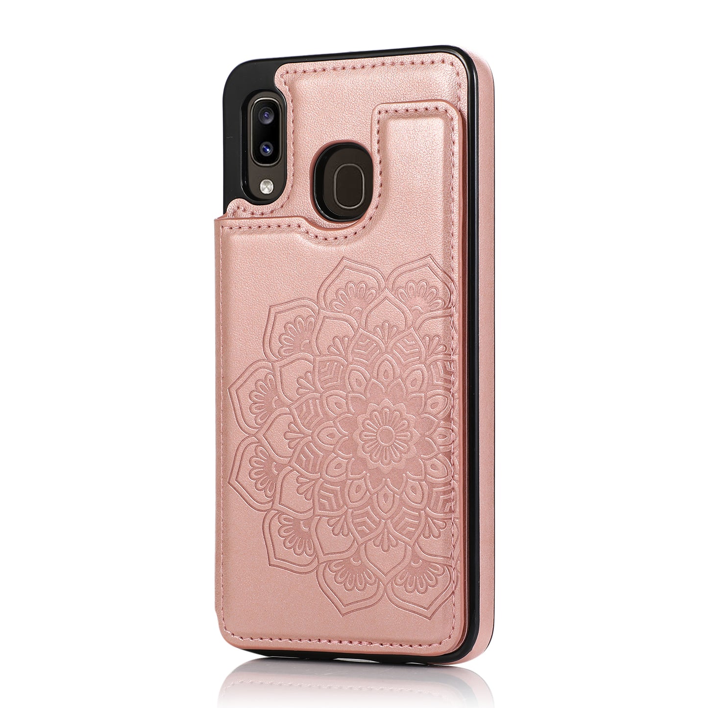 Samsung Galaxy A20 Leather Cover Card Holder Embossing Datura Flower with Double Magnetic Button