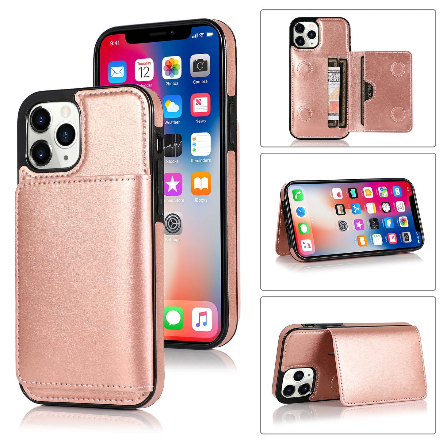 Apple iPhone 12 Pro Max Leather Cover Multiple Card Slots Magnetic Storage Pouch Kickstand