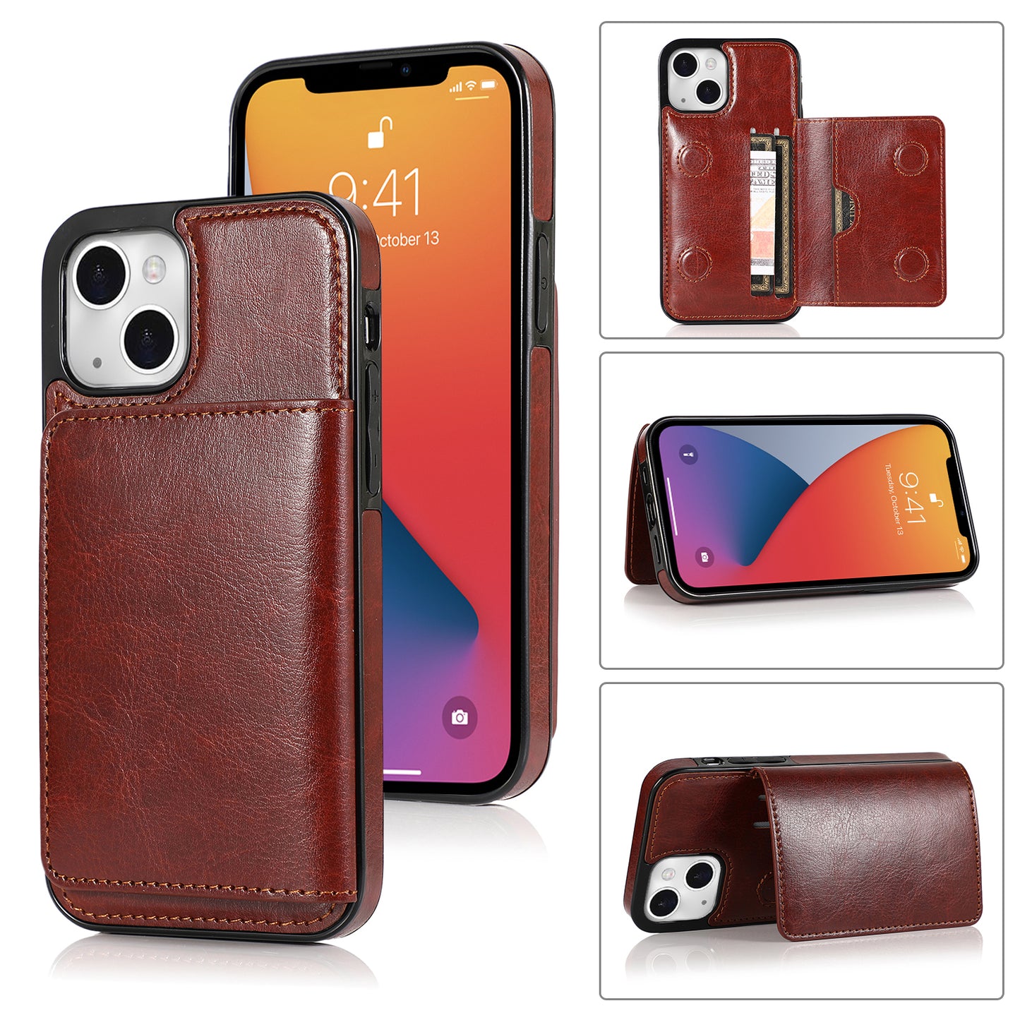 Apple iPhone 13 Leather Cover Multiple Card Slots Magnetic Storage Pouch Kickstand