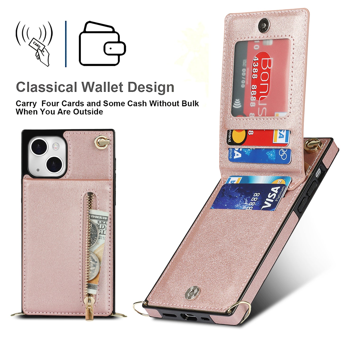 Apple iPhone 13 Leather Cover with Classical Card Cash Slots Zipper Hand Shoulder Strap Kickstand