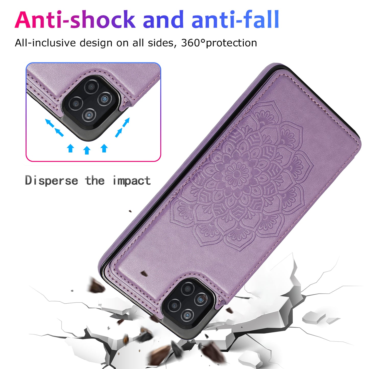 Samsung Galaxy A22 Leather Cover Card Holder Embossing Datura Flower with Double Magnetic Button