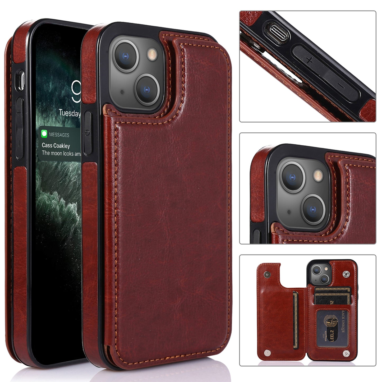 Apple iPhone 13 Leather Cover Double Buckles Shock Resistant Multiple Card Slots Magnetic Fold Pocket