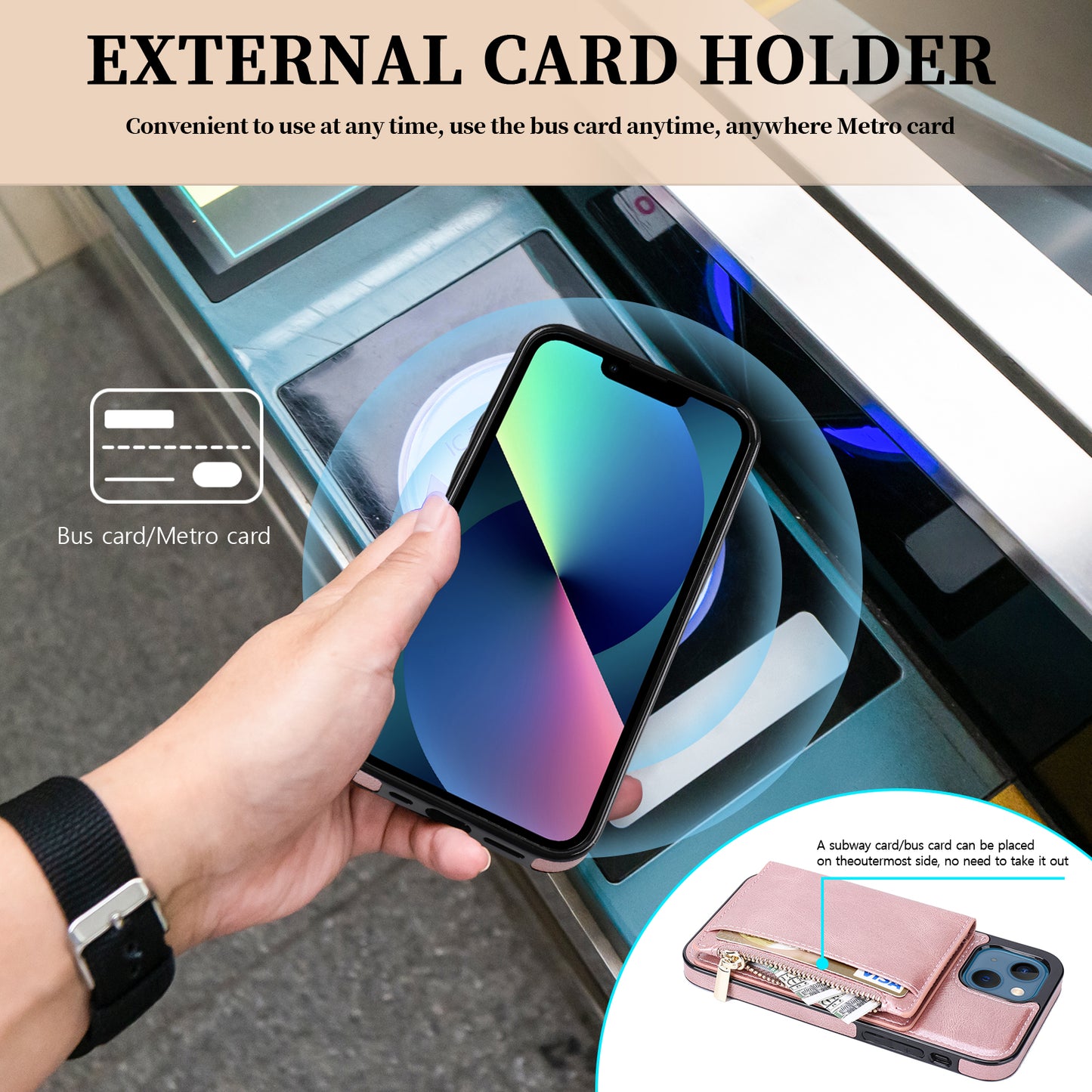 Apple iPhone 13 Leather Cover Multifuntional Wallet External Card Holder Kickstand TPU Zipper