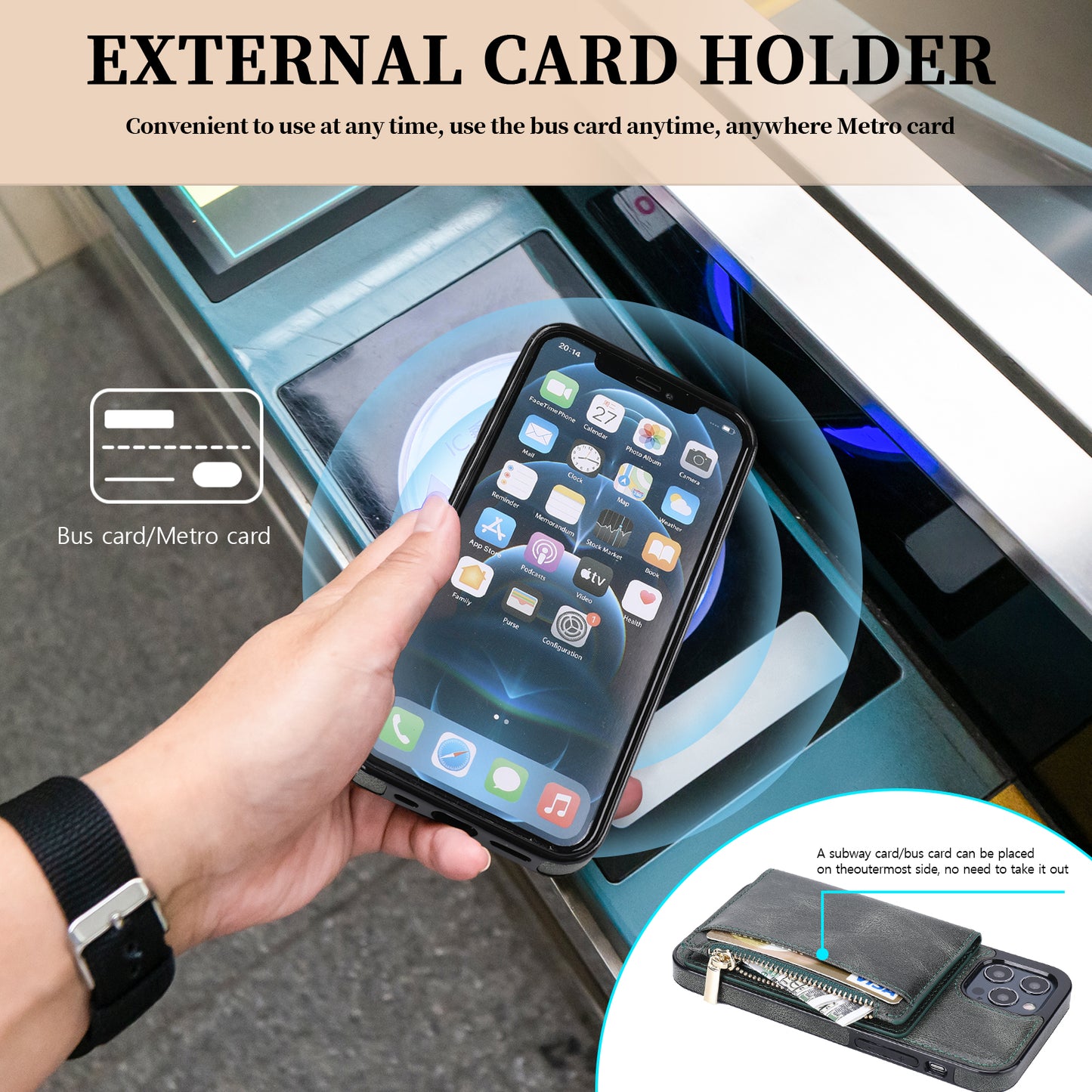 Apple iPhone 12 Pro Max Leather Cover Multifuntional Wallet External Card Holder Kickstand TPU Zipper