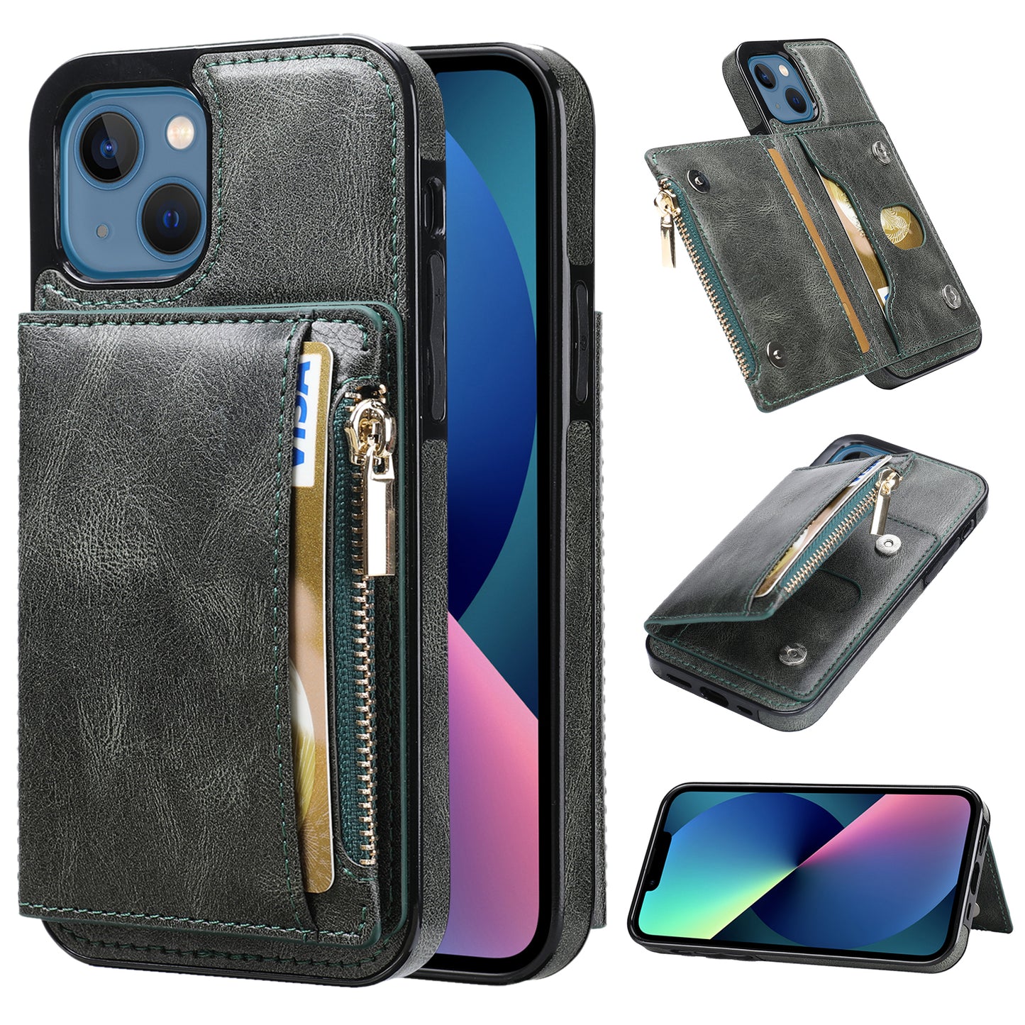 Apple iPhone 13 Leather Cover Multifuntional Wallet External Card Holder Kickstand TPU Zipper