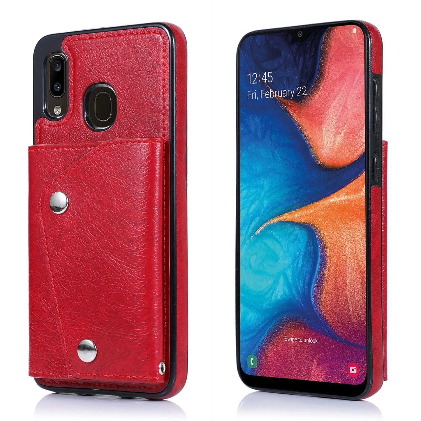 Samsung Galaxy A30 Genuine Leather Cover Extra Card Pouch Buckle with Hand Strap