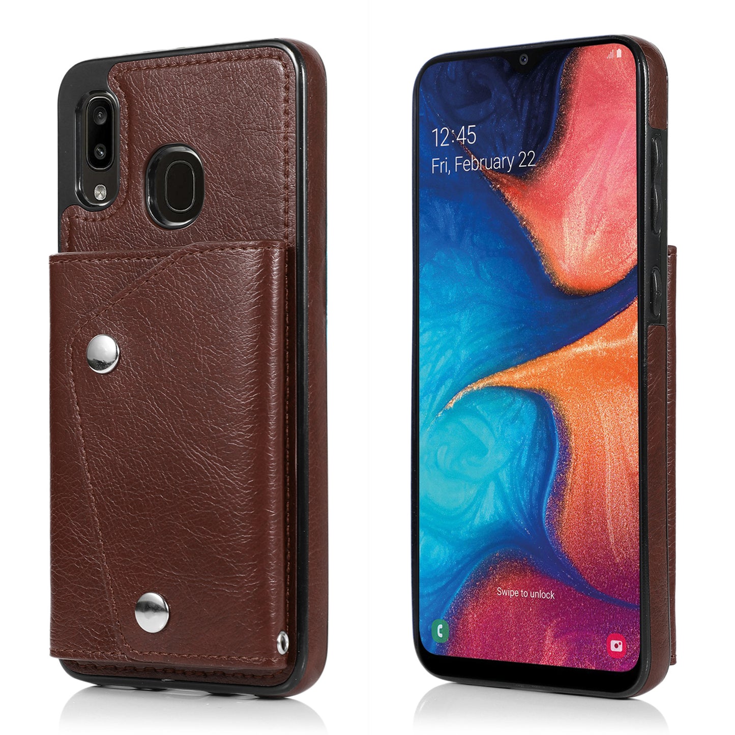Samsung Galaxy A30 Genuine Leather Cover Extra Card Pouch Buckle with Hand Strap