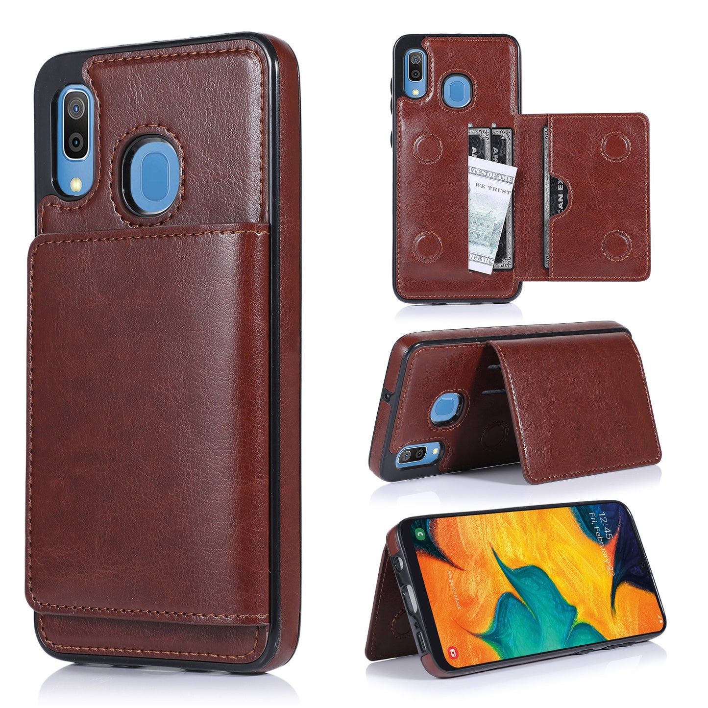 Samsung Galaxy A20 Leather Cover Multiple Card Slots Magnetic Storage Pouch Kickstand
