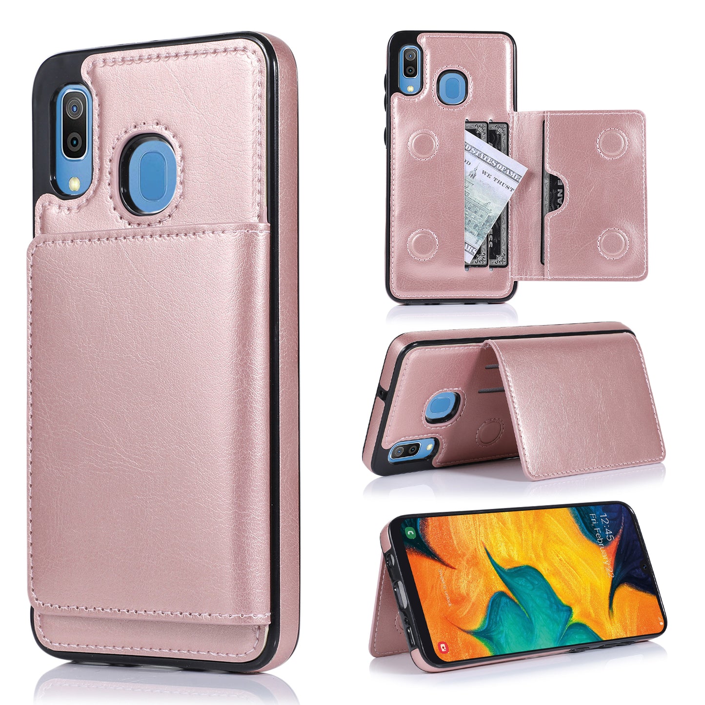 Samsung Galaxy A20 Leather Cover Multiple Card Slots Magnetic Storage Pouch Kickstand