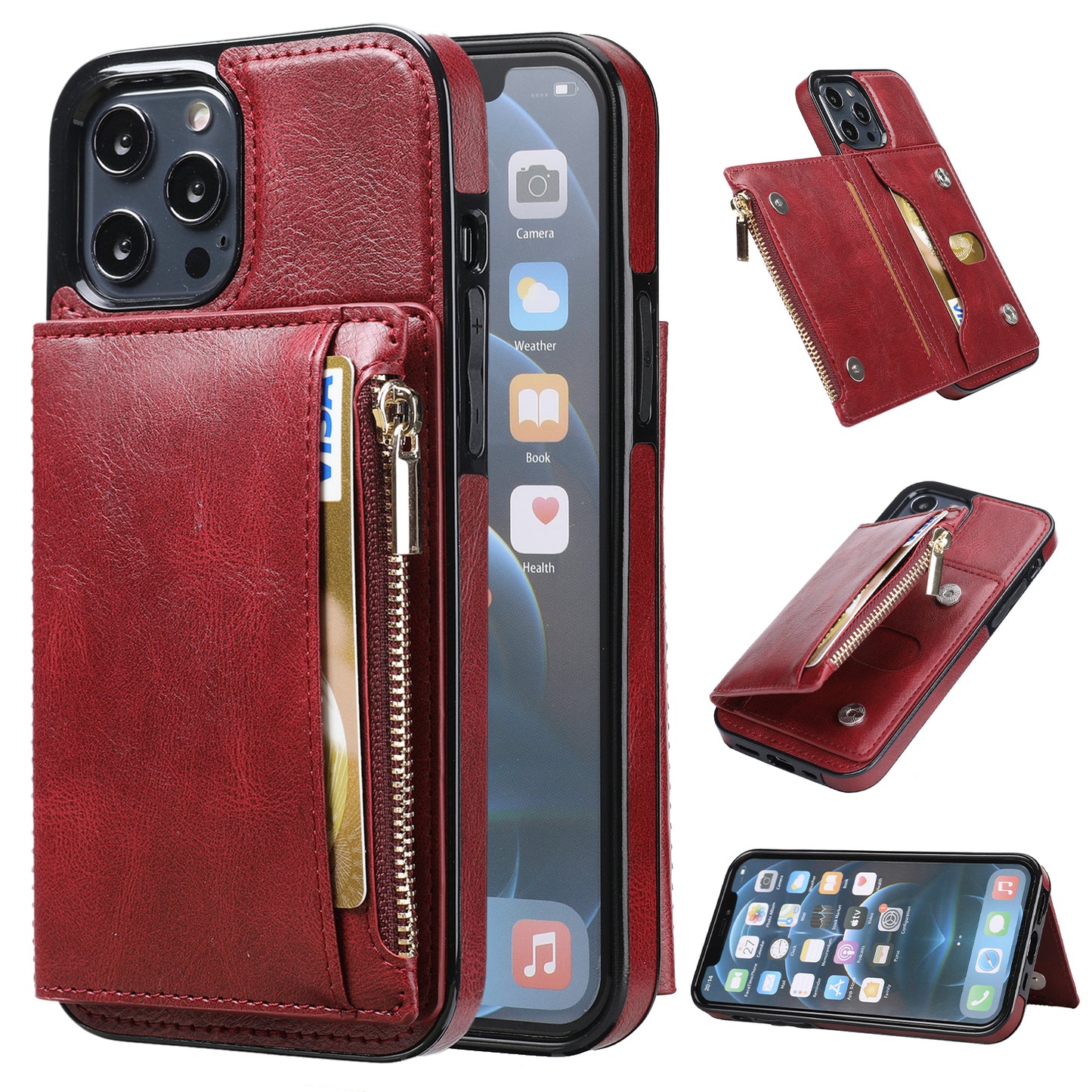 Apple iPhone 12 Pro Max Leather Cover Multifuntional Wallet External Card Holder Kickstand TPU Zipper