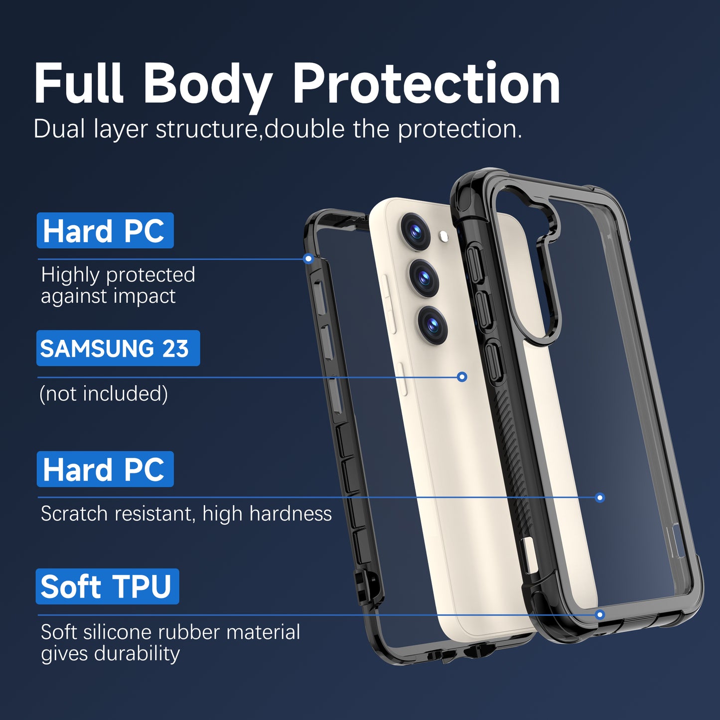 Samsung Galaxy S23 Case Rugged 6.6ft Multi-layer Defense Built-in Screen Protector